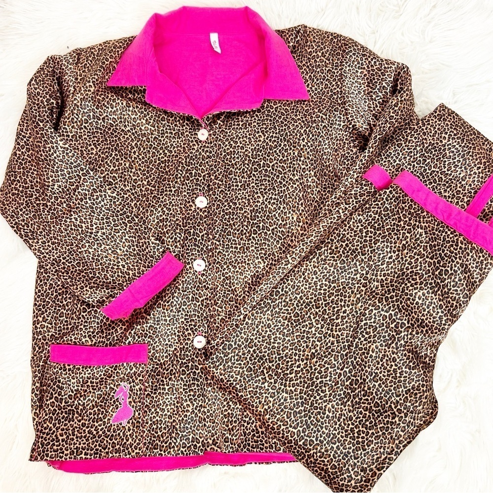 CHA CHA BROWN SILKY LEOPARD PINK FLEECE LINED 2 PIECE PAJAMA SET WOMENS MEDIUM
